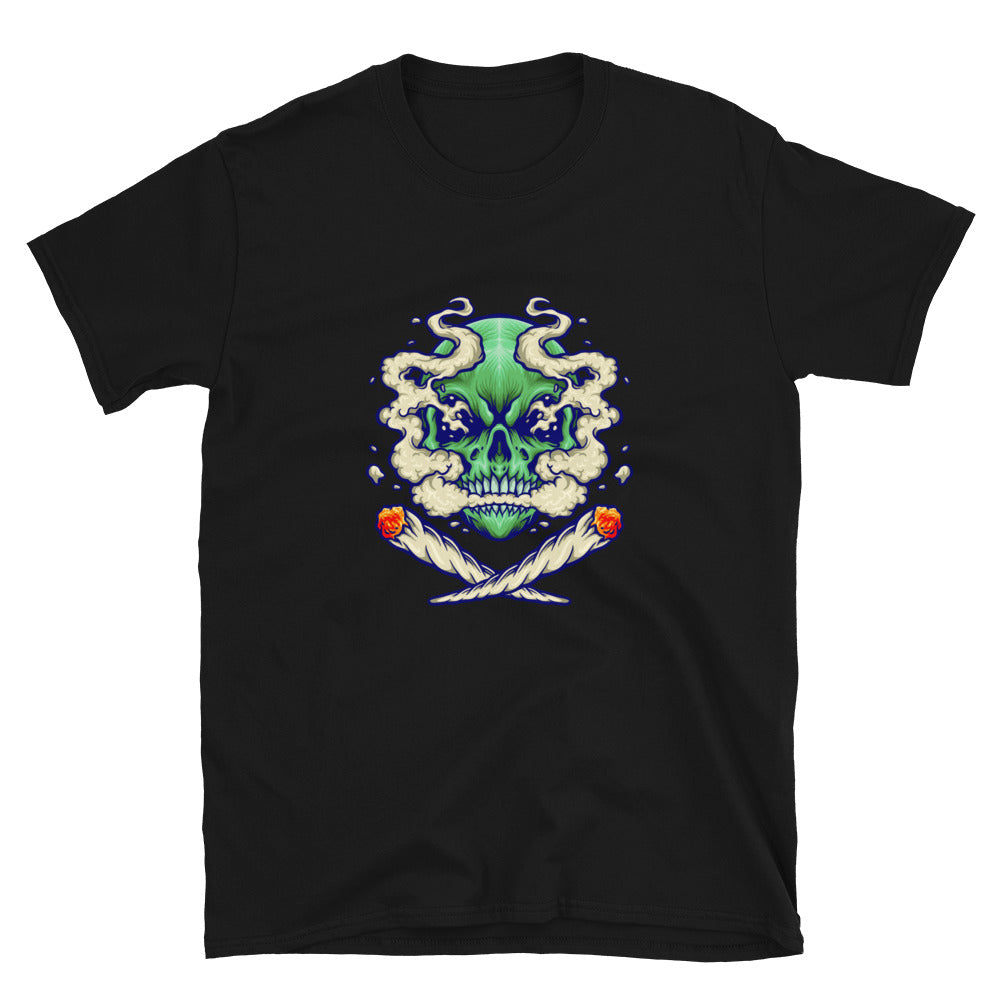 Cráneo fumando una camiseta de estilo suave unisex con nube de marihuana