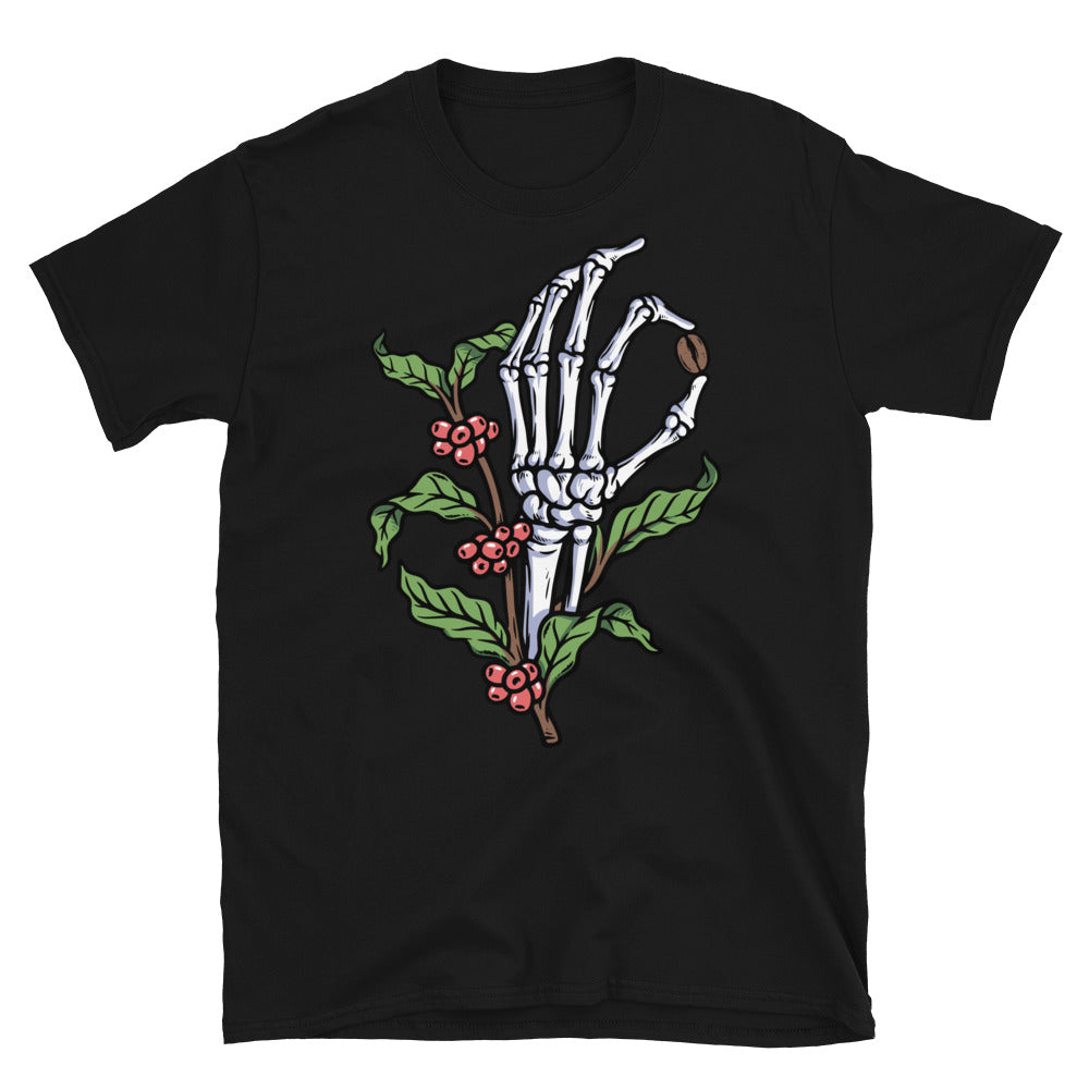 Camiseta unisex con diseño de mano de calavera y árbol de café