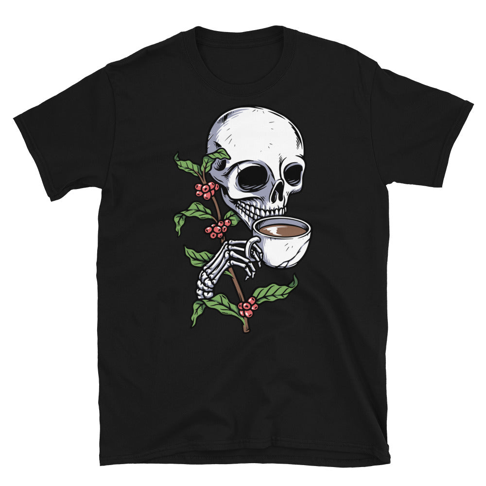 Camiseta unisex Softstyle con diseño de calavera bebiendo café