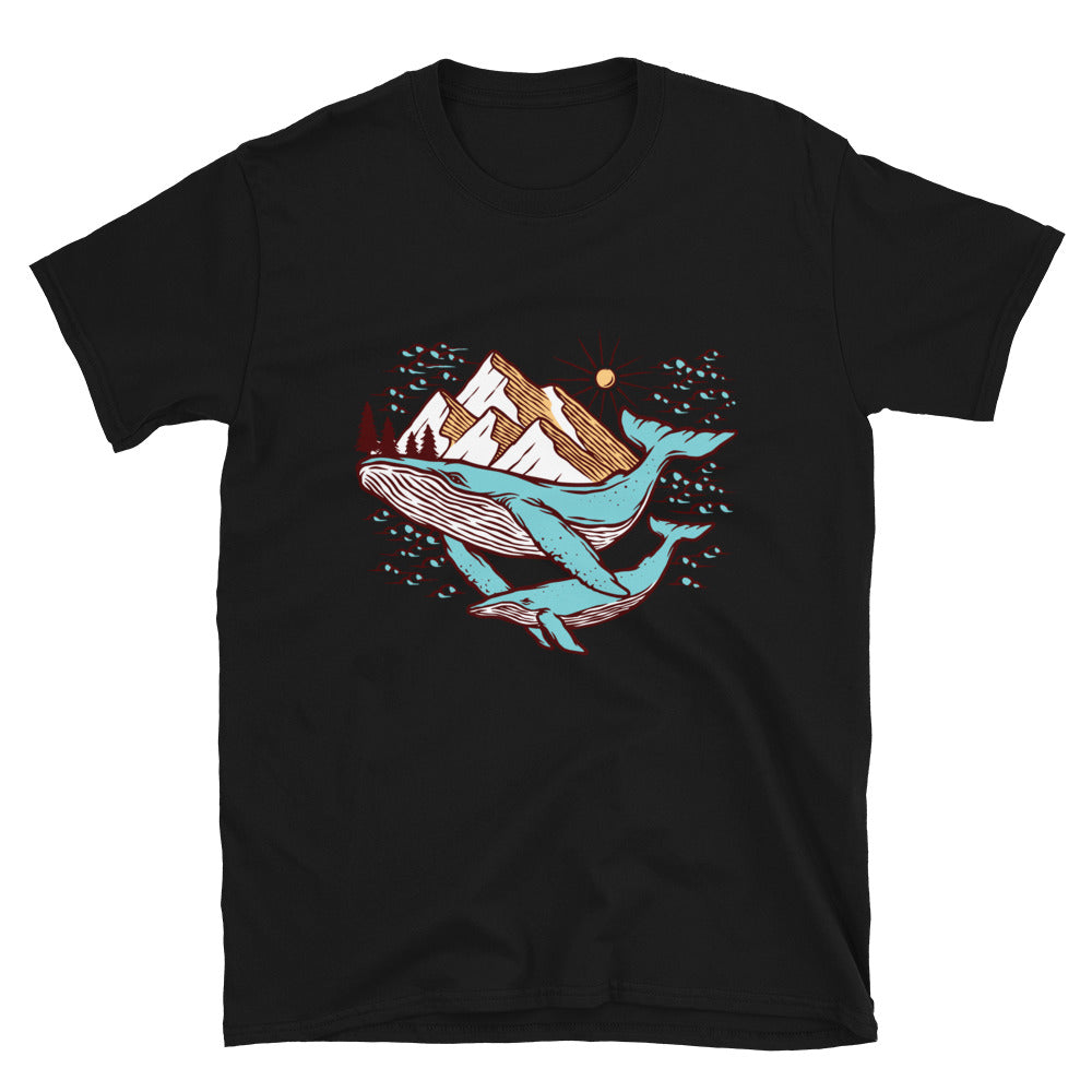 Vistas de montañas y ballenas Fit Camiseta unisex Softstyle