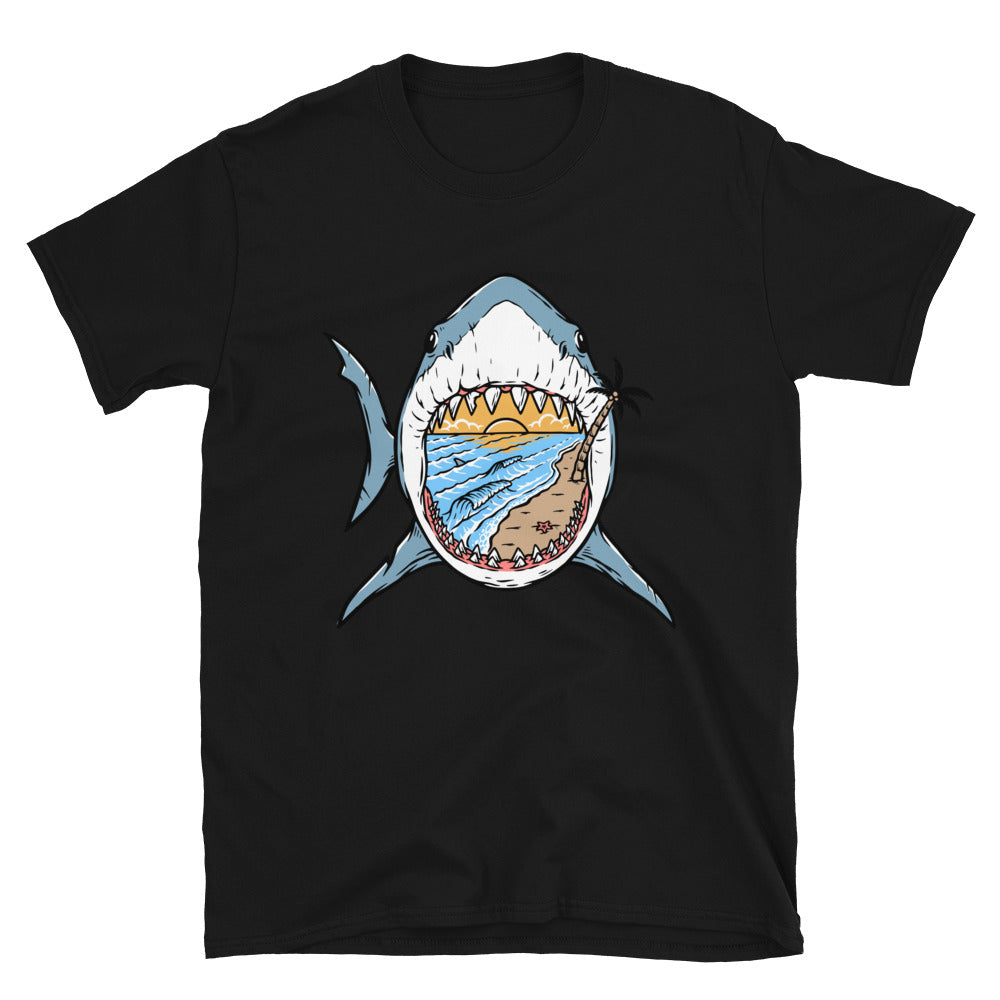 La playa dentro del tiburón Fit Unisex Softstyle Camiseta