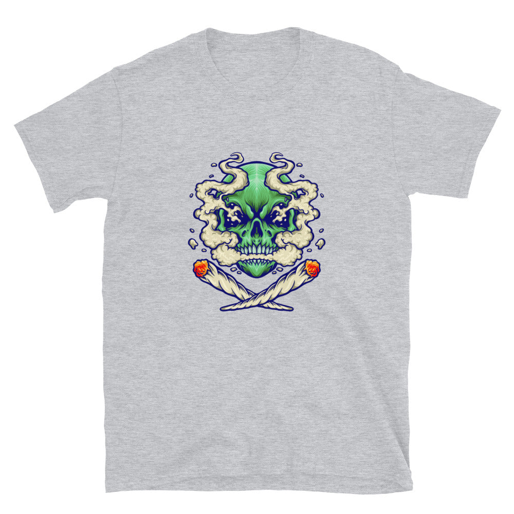Cráneo fumando una camiseta de estilo suave unisex con nube de marihuana