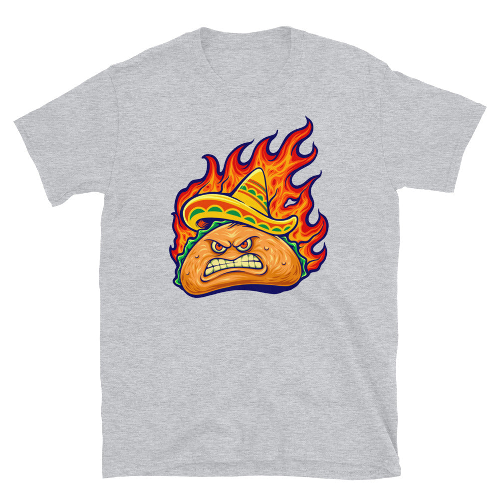 Enojado delicioso taco mexicano con fuego ardiente, Fit Unisex Softstyle Camiseta
