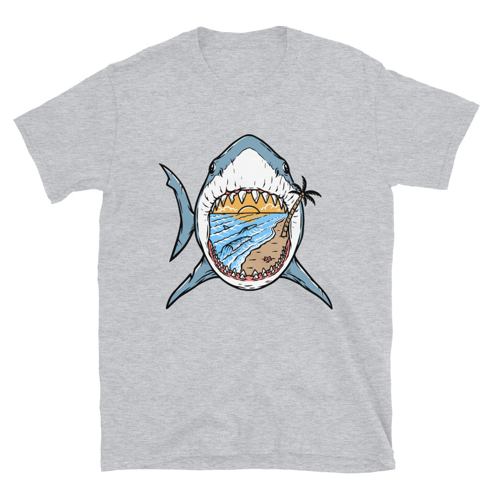 La playa dentro del tiburón Fit Unisex Softstyle Camiseta