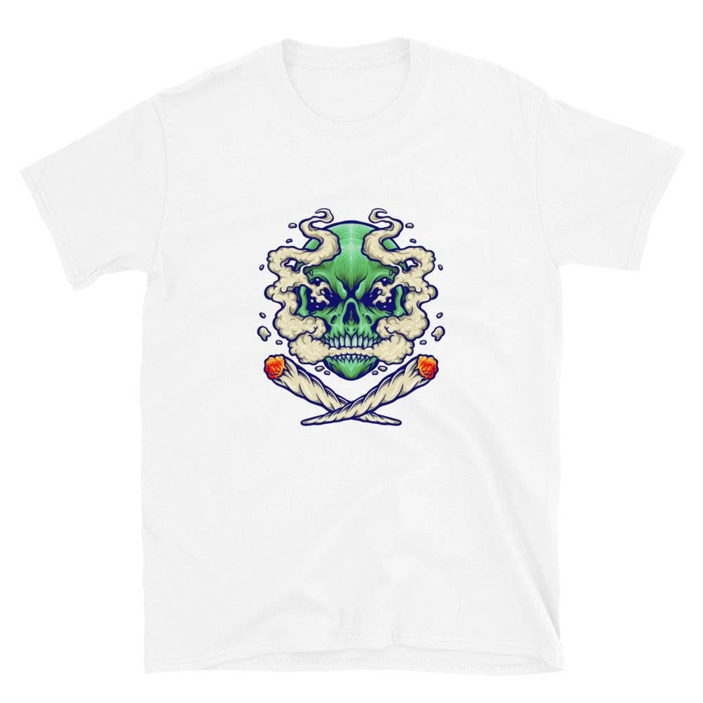 Cráneo fumando una camiseta de estilo suave unisex con nube de marihuana