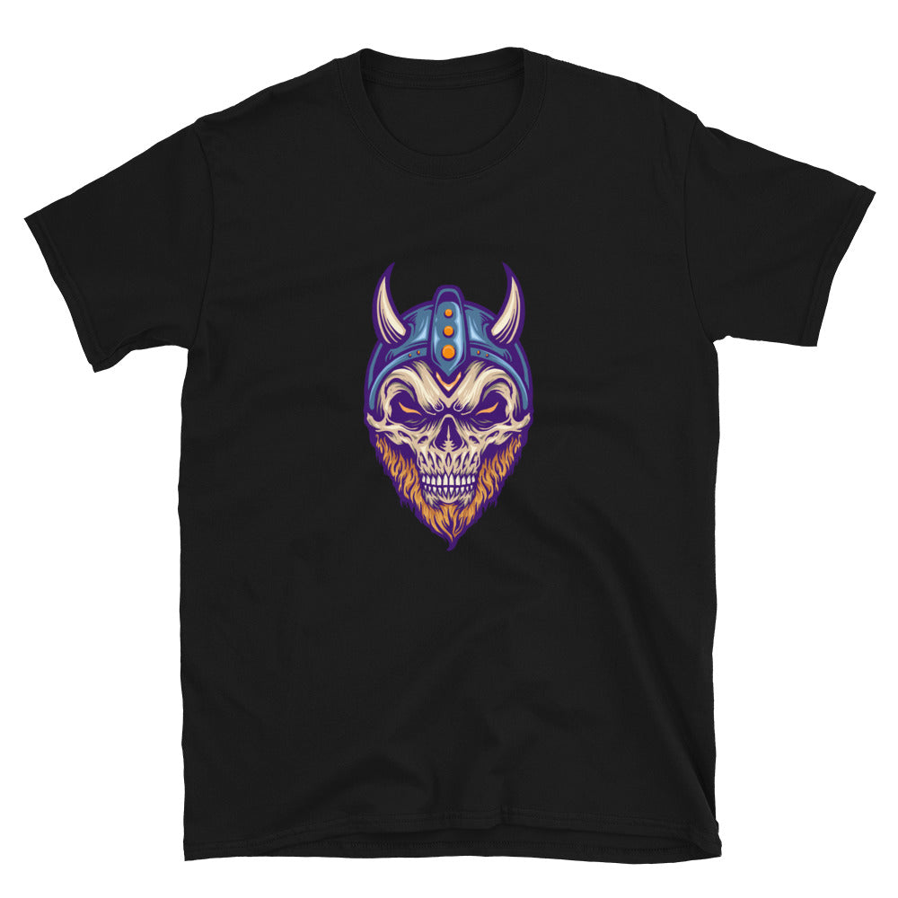 Camiseta unisex con cabeza de calavera vikinga y casco de cuerno