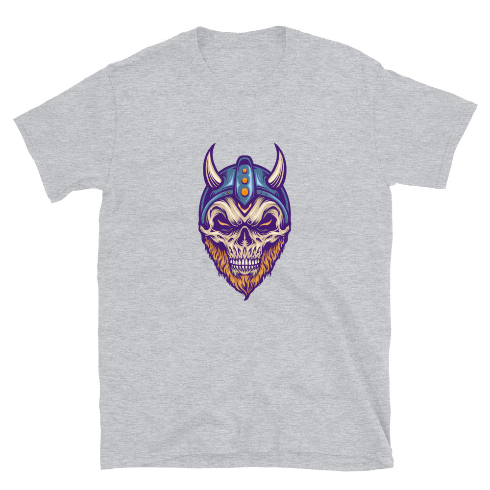Camiseta unisex con cabeza de calavera vikinga y casco de cuerno