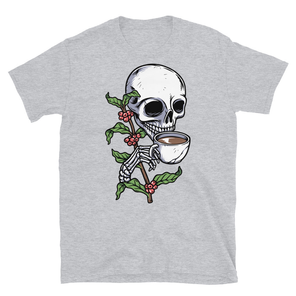 Camiseta unisex Softstyle con diseño de calavera bebiendo café