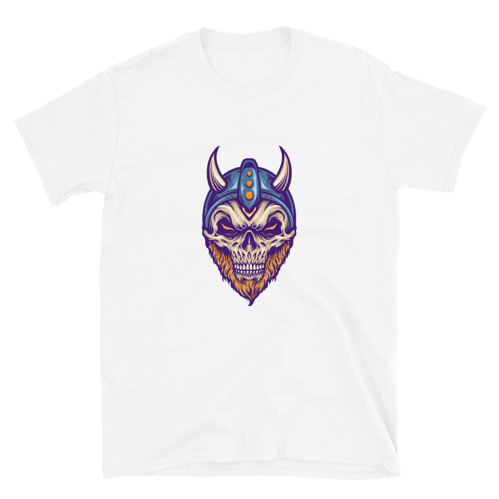 Camiseta unisex con cabeza de calavera vikinga y casco de cuerno