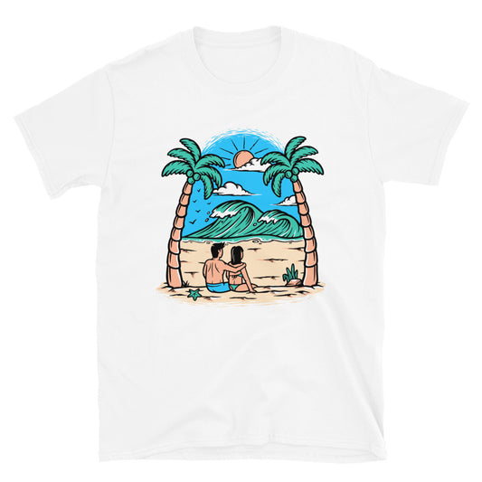 Pareja joven en la playa Fit Unisex Softstyle camiseta